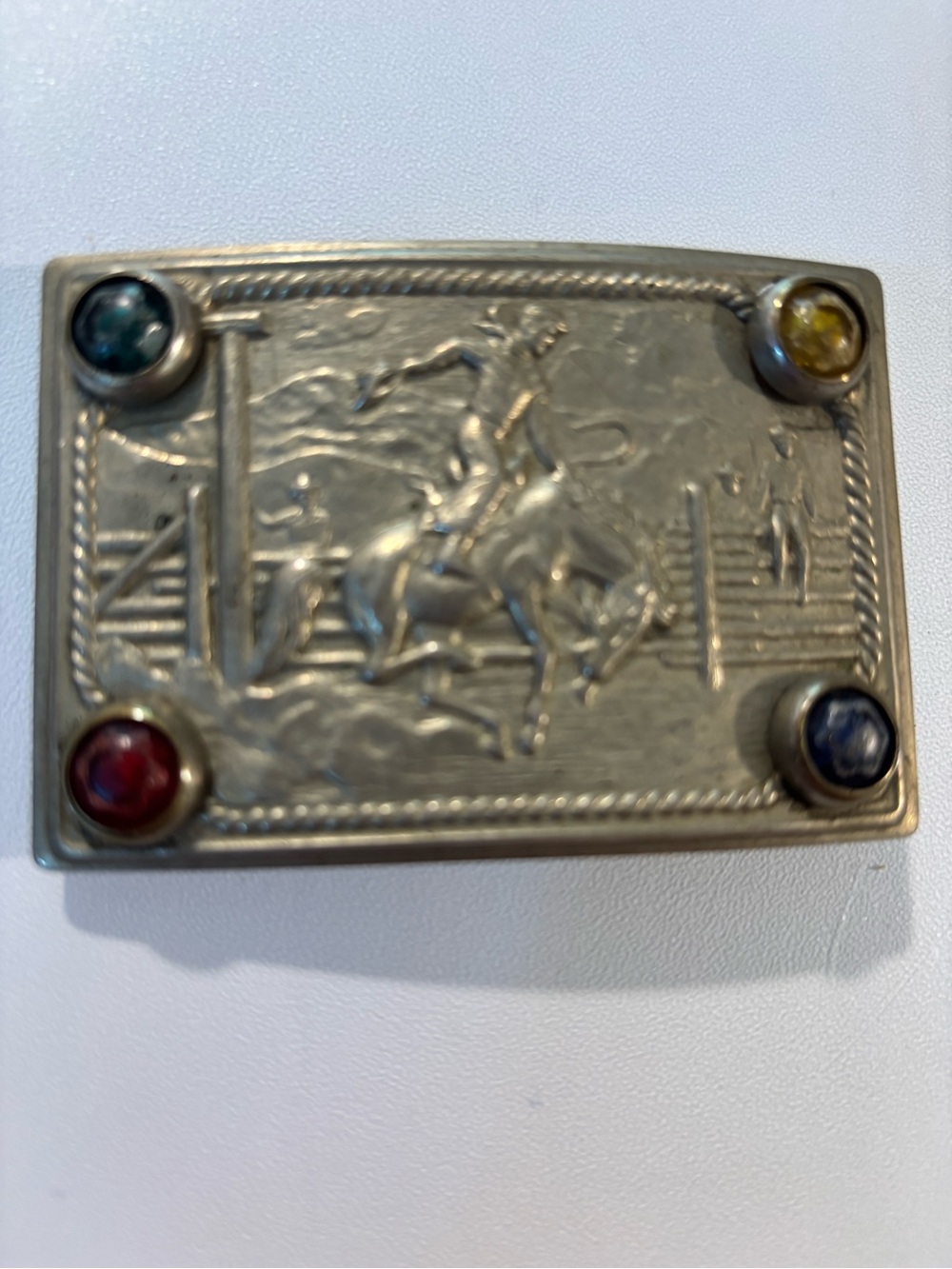 Vintage Western Motif Belt Buckle with Multicolor Stones 1940s? Cowboy